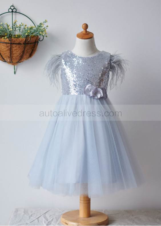 Silver Sequin Tulle With Feather Sleeves Short Flower Girl Dress